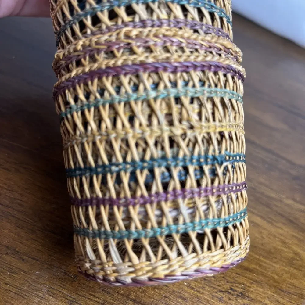 Vintage Woven Wicker Rattan Baskets Cup Glass Holder Boho Multicolor Set of 8